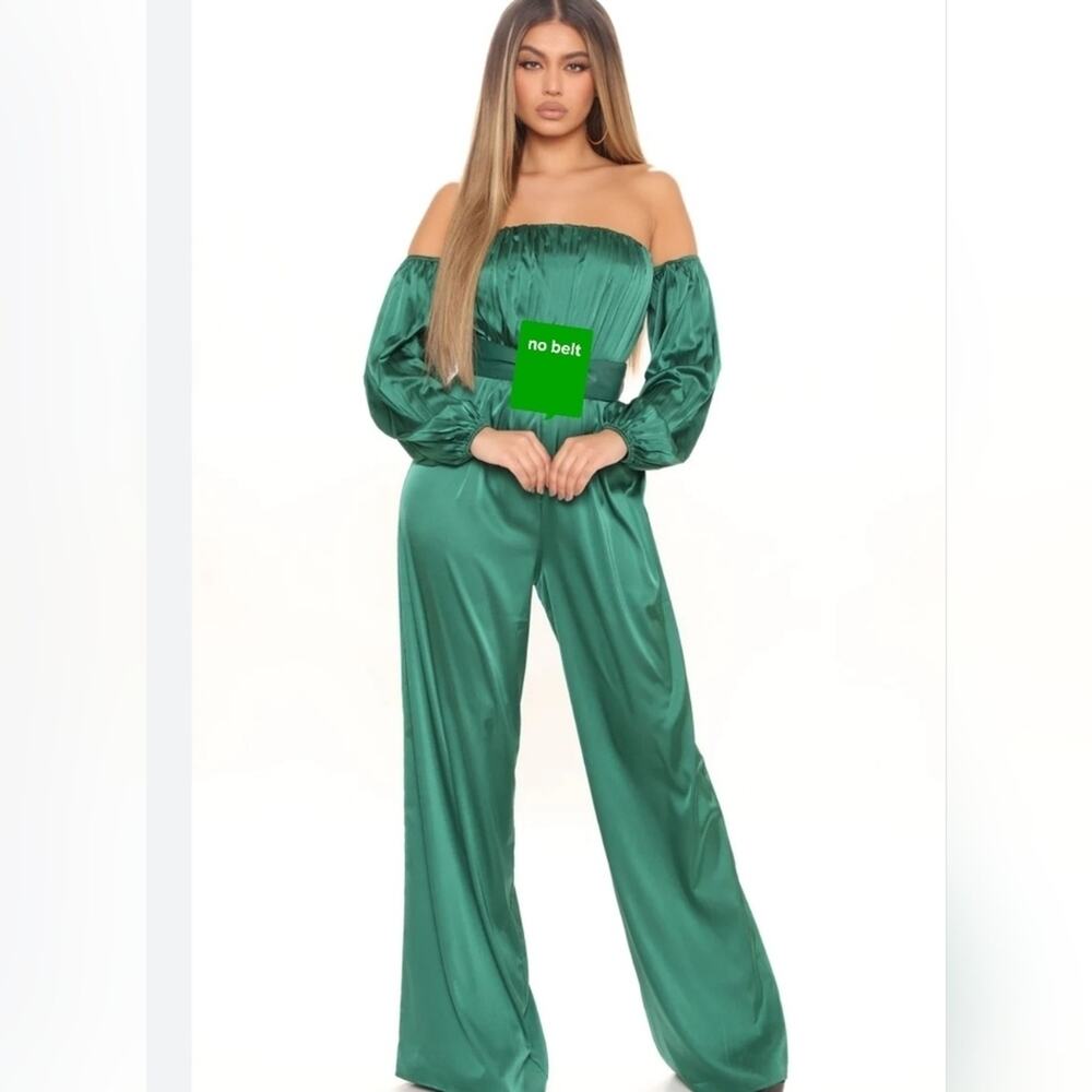 Fashion Nova Green Satin Off Shoulder Jumpsuit sz XL #923